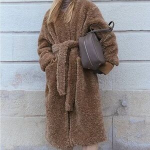 Women's H&M Brown Fluffy Tie Belt Coat S